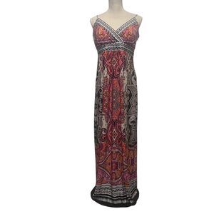 MSK Summer Maxi Dress Size 12 Boho Paisley Brown‎ Pink Orange Stretch V Neck